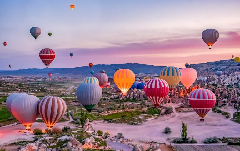 Colorful hot air balloons before launch in Goreme national park, Cappadocia, Turkey